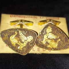Damascene 24k Gold Triangle Cufflinks Bullet Back Vintage Art Toledo Spain