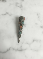Antique 1930s Chinese Silver Filigree Nail Guard Brooch Turquoise Coral Art Deco