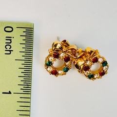 Vintage Christmas Wreath Earrings Gold Red Green Rhinestone Bow Festive Holiday