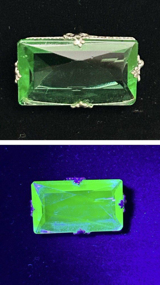 VTG Brooch 1950s Uranium Glass Prong Set Emerald Cut 1.25″
