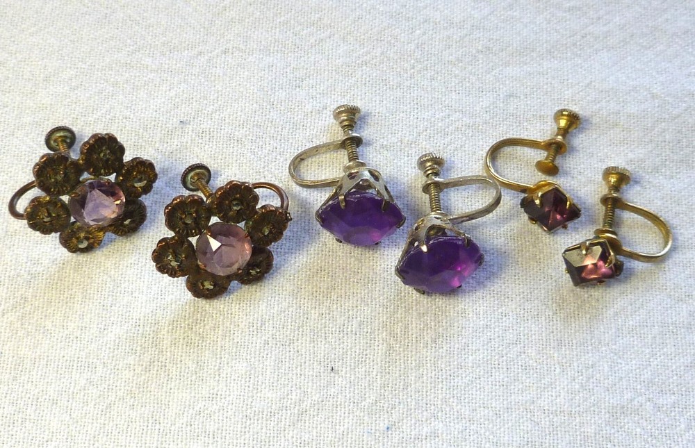 3 Pairs Antique Glass Plastic Silver Marcasite Screw Back Earrings 1894 – 1920s