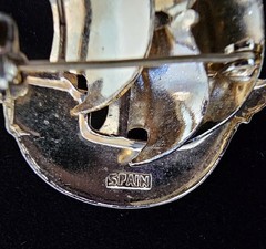 Vintage Damascene Spanish Galleon Ship Brooch Red Enamel Details Signed 1.5″