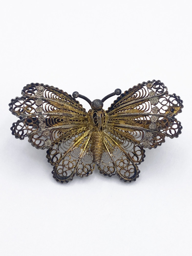 Vintage 800 Silver Filigree Butterfly Brooch Gold Wash 3D Layered Pin