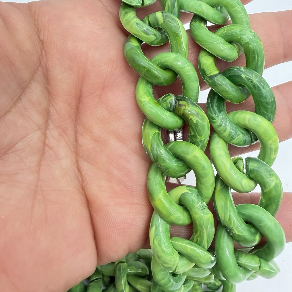 Vtg Marbled Celluloid Link Necklace Faux Green Jade Fancy Clasp