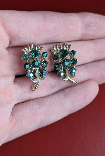 Vintage Green Peacock Blue Aurora Borealis AB Glass CLIP Earrings Feather Leaf