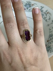 Vintage 18KT HGE Gold Plated Cocktail Ring, Emerald Cut Purple Glass size 6
