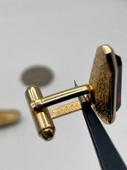 Vintage Shields Gold Tone Fleur-de-lis Cufflinks Tie Clip Set Amber Glass MCM