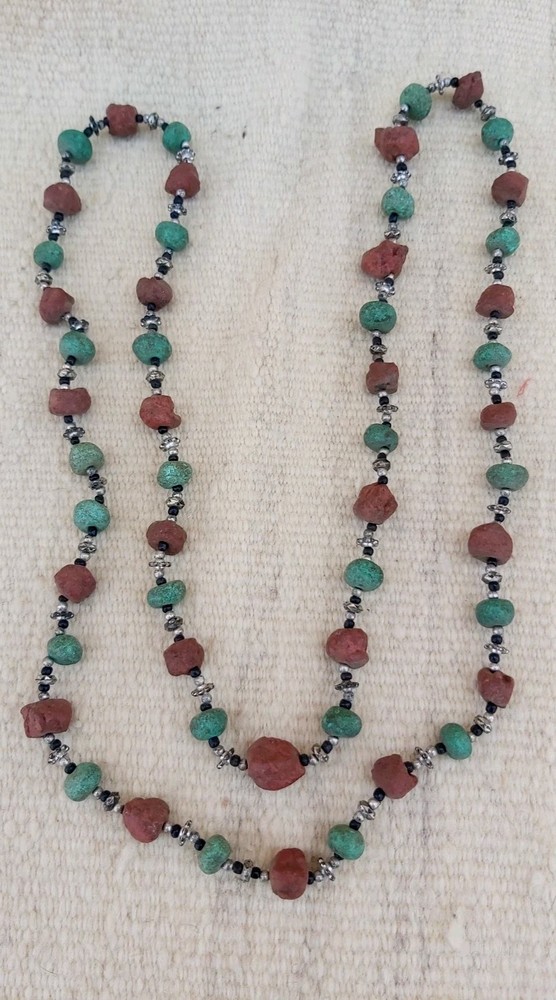 Vintage Tribal Terracotta & Turquoise Green Bead Necklace Long Boho Ethnic Stran