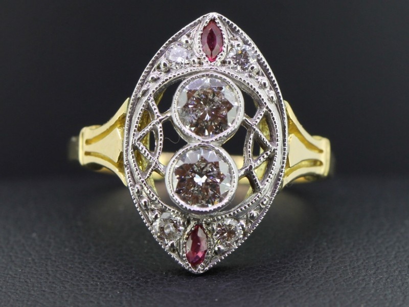 WONDERFUL ART DECO INSPIRED LAB CREATED DIAMOND & RUBY 14 CARAT GOLD FINISH RING