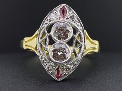 WONDERFUL ART DECO INSPIRED LAB CREATED DIAMOND & RUBY 14 CARAT GOLD FINISH RING