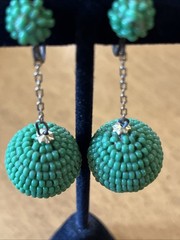 Vintage Green Glass Seed Bead Dangle Drop Clip On Earrings Go Go Style 2”