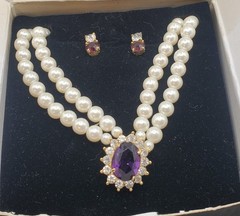 1995 Avon Tailored Elegance Amethyst Gift Set Glass Stones Faux Pearls W/ Box