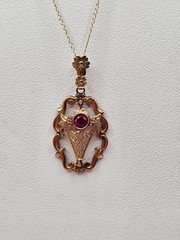 Antique 10k gold garnet Emco lavalier style pendant necklace art deco floral