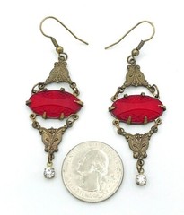 Vintage Signed GWS Glass Works Studio Victorian Copper Red Glass Earrings