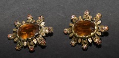 Vintage Coro Amber Rhinestone Aurora Borealis Accents Clip Hinge Earrings