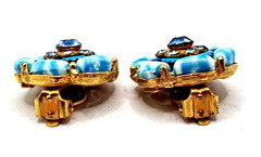 Vintage Signed Selro Selini Clip Earrings Blue Enamel Art Glass & Rhinestones