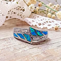 Vintage Blue Fire Opal with CZ Accents 925 Sterling Band Ring, size 8.25