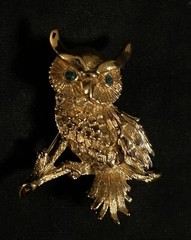TWO VINTAGE BROOCHES / PINS GREEN EYED MONET OWL & GREEN EYED TURLE