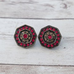 Vintage Clip On Earrings Red & Brown Gems Octagon