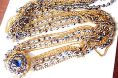 Vintage Signed Marvella Multi Strand Long Necklace Large Brooch Blue Glass Beads