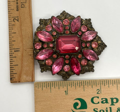 VTG Czech Art Deco Pink Rhinestone stamped Pot Metal filigree Dress Fur clip