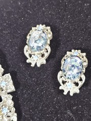 VTG Wide Victorian Revival Blue Confetti Cab Bracelet & Earrings Set