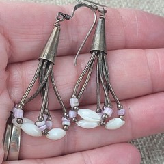 Liquid Silver Mother of Pearl Lavender Pink and White Rice Bead Dangle Earrings