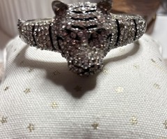 Vintage Rhinestone Tiger Cuff Clamp Bracelet Leopard Crystal
