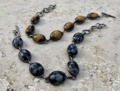 🐯🖤 ✨VINTAGE STERLING SILVER TIGER’S EYE OBSIDIAN Toggle Bracelet Set LOT ✨🖤🐯