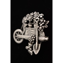 AJC Vintage Garden Pin Brooch Pewter Tone Cart Floral Signed NOS 1980s BinA9