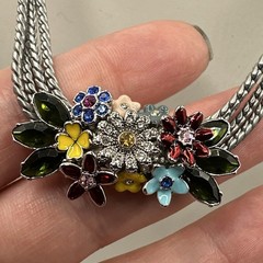 Multi Strand Enamel Rhinestone Slide Pendant Necklace Silver Tone 16-21”