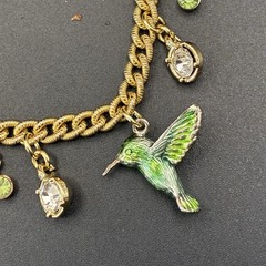 Vintage Tiny Hummingbird Enjoying Flowers, & Rhinestone Raindrop Charms Necklace