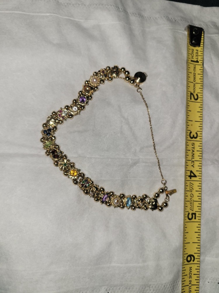 14K Yellow Gold Vintage Slide Charm Bracelet, 7.25″ Multi-Stone, 20 Charms