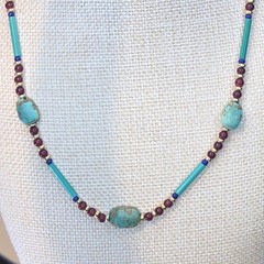 Vintage Egyptian Revival Necklace With Teal Scarab Beads & Red Gold Glass boho