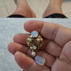 Vtg West Germany Opaline Moonstone Glass Faux Pearl Filigree Dangle Earrings