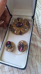 vintage west germany jewelry set purple gem and rhinestone gold tone