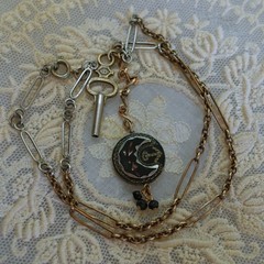 ANTIQUE Gold & Silver Niello Crescent Moon Anchor Pendant Pocket Watch Key
