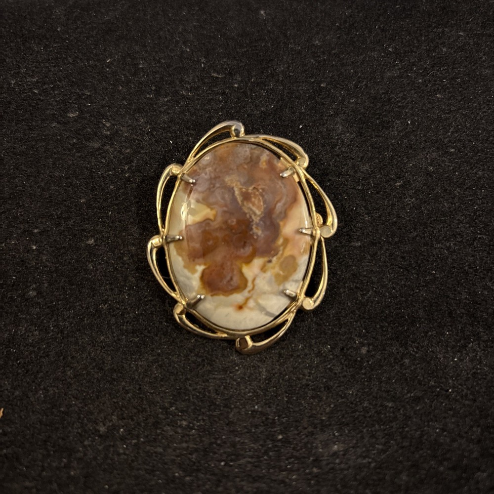 Vintage Natural Stone Agate Brooch Gold Tone Pin 50mm X 40mm