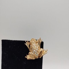 Rhinestone Green Eyed Frog Gold Tone Brooch