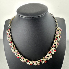Vintage Coro Necklace Red Pink Rhinestone Leaf Gold Tone Choker Adjustable 15″