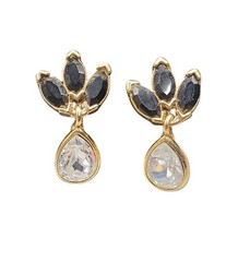 Trifari Clip On Earrings Black & Clear Dangling 1990s Vintage Gold Tone