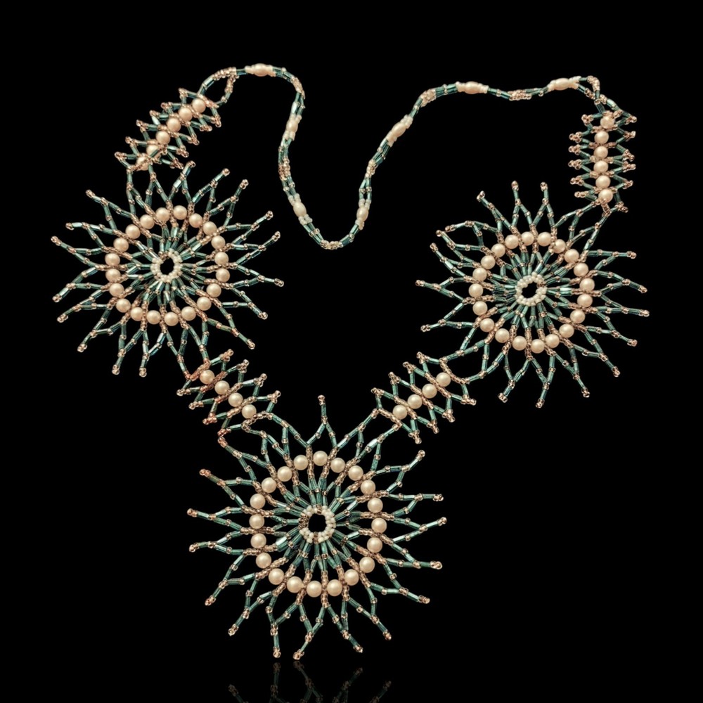 Vtg 70’s Pearl And Glass Seed Bead Southwest Native Necklace 28in Hand Made Bib