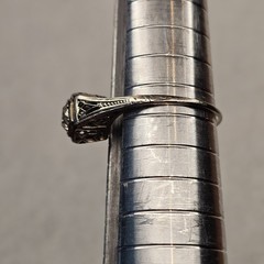 Antique Belais 18K White Gold Art Deco Ring Elongated Old Mine Cut Diamond