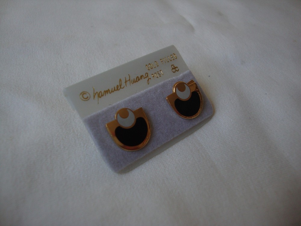 VINTAGE SAMUEL HUANG SIGNED CLOISONNE RETRO MOD BLACK GRAY ENAMEL EARRINGS