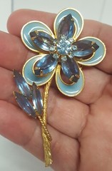 Vintage Blue Glass Rhinestone Enamel Flower Brooch Marquise Round Gold Tone Pin