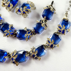 Vintage BSK Blue Glass Crystal Leaf Demi Parure Necklace Bracelet Earrings SET