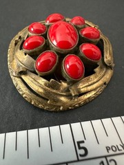 Antique? Max Neiger Bohemia Red Glass Cabochons Gold Tone 1910-1920 Clip