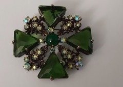 Vtg 1950’s Selro Selini Dimensional Brooch/pendant Green Glass & Rhinestones