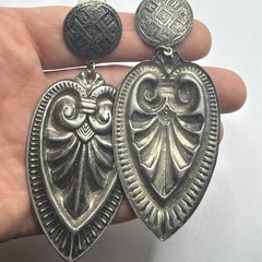 3.5” VTG Silver-tone Oversized Sacred Hearts Ornate Dangle Drop