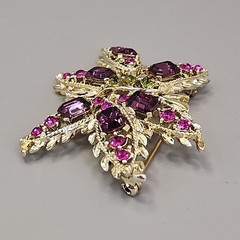 Vintage Rhinestone Butterfly Brooch Clip On Earring Set Pink Purple Gold Tone